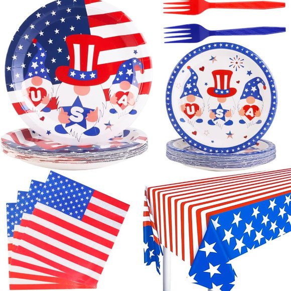 98Pcs 4th of July Party Suppliers Patriotic Tableware Dinnerware Kit - Picture 1 of 5